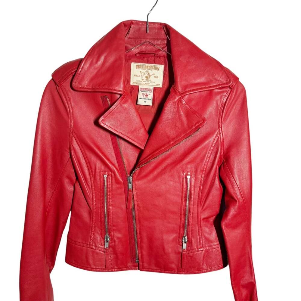True Religion Cherry Red leather moto jacket womens size XS